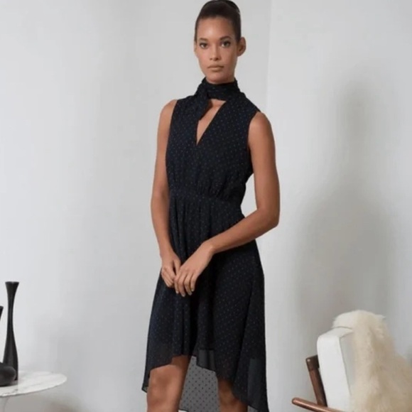 AVEC LES FILLES High Low Tie Neck Midi Dress Black Lapis Dot Size Small - Picture 1 of 15
